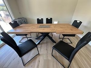 Rustic Oak Extendable Dining Table – Seats 6 to 10, Industrial Cross-Leg Design with Storage photo review